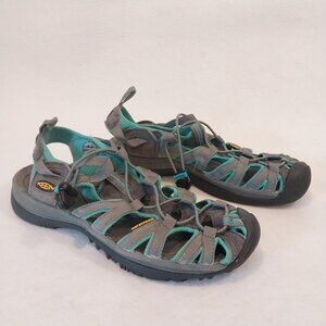Keen Flat Sandals Womens 7 Gray Teal Waterproof Hiking Fishing Adjustable Laces.
